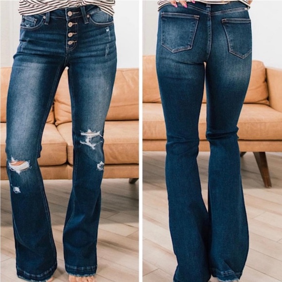 KanCan Mid Rise Distressed Flare Bootcut Jeans Dark Women’s Multi Sizes NWT - Picture 5 of 15